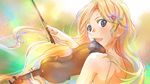  bare_shoulders blonde_hair bow_(instrument) grey_eyes hair_ornament hairclip highres instrument long_hair miyazono_kawori official_art open_mouth shigatsu_wa_kimi_no_uso solo upper_body violin 