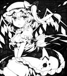  ascot blouse bow flandre_scarlet frills greyscale hair_bow hands_on_lap hands_together hat kurisu_sai marker_(medium) mob_cap monochrome open_mouth petals puffy_short_sleeves puffy_sleeves shikishi short_hair short_sleeves side_ponytail sitting skirt solo touhou traditional_media wings 