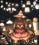  absurdly_long_hair absurdres alternate_costume alternate_hair_color bangs bow candle candlestand chair closed_eyes dress facing_viewer fire flame frilled_dress frills gown halloween hands_together hanging_light hat hat_bow hatsune_miku highres horizon isumi_(yangyan) jack-o'-lantern lamp lantern light long_hair neck_ribbon orange_dress ribbon shoes sitting solo twintails v_arms very_long_hair vocaloid witch witch_hat wrist_cuffs 