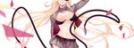  belt bikini_top bishamonten_(noragami) blonde_hair breasts closed_mouth floating_hair gloves grey_jacket grey_skirt head_out_of_frame highres jacket large_breasts long_hair motion_blur noragami pleated_skirt recentia simple_background sketch skirt solo stomach thighhighs very_long_hair whip white_background 
