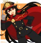  6star_u belt black_hair cape dutch_angle fang fate_(series) gloves hand_on_hip hat highres index_finger_raised koha-ace long_hair long_sleeves military military_uniform oda_nobunaga_(fate) orange_background peaked_cap red_eyes solo twitter_username uniform 