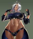  ahoge angel_(kof) black_panties breasts bursting_breasts chaps commentary crop_top eu03 fingerless_gloves from_below gloves green_background hair_over_one_eye highres hips huge_ahoge large_breasts lips midriff navel nose panties parted_lips short_hair silver_hair sleeves_pushed_up solo the_king_of_fighters thighs toned underwear 