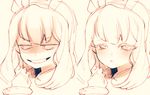  :o bracelet bridal_gauntlets cagliostro_(granblue_fantasy) commentary_request granblue_fantasy grin hairband jewelry long_hair looking_away monochrome multiple_views norasame_(dagako) open_clothes sketch smile smirk spikes teeth troll_face upper_body 