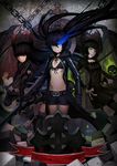  bangs belt bikini_top black_gold_saw black_hair black_rock_shooter black_rock_shooter_(character) blue_eyes copyright_name dead_master denim denim_shorts floating_hair glowing glowing_eye green_eyes horns multiple_girls navel red_eyes scar shorts ttheyue twintails 