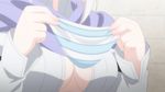 animated animated_gif blonde_hair blue_scarf breasts close-up frey_(machine-doll) holding holding_panties large_breasts machine-doll_wa_kizutsukanai open_clothes open_shirt panties panties_removed purple_scarf scarf shirt silver_hair solo striped striped_panties underwear white_shirt 