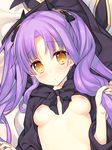  breasts cloak holding holding_hair hood hooded_cloak long_hair lying nipples on_back original purple_hair small_breasts solo tatami_to_hinoki twintails upper_body yellow_eyes 