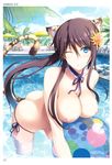  absurdres animal_ears ball bikini black_hair blue_eyes blush breasts chair day flower hair_flower hair_ornament highres large_breasts leaning_forward long_hair looking_at_viewer nipples omega_2-d one_eye_closed open_mouth ponytail pool side-tie_bikini sidelocks sky smile solo swimsuit tail tiger_ears tiger_tail topless toranoana 