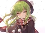 brown_eyes capelet green_hair hat long_hair looking_at_viewer momoko_(momopoco) original plaid plaid_scarf pom_pom_(clothes) scarf snowing solo upper_body yukari_(momoko) 