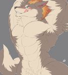  abs blush canine colored gintyatya looking_at_viewer male mammal muscular nude pecs simple_background solo teasing wolf 