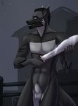  anthro balls black_hair canine dimikendal101 fangs fully_sheathed fur grey_fur hair hi_res invalid_tag male mammal melee_weapon navel nipples nude outside penis sheath solo standing sword teeth weapon 