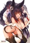  all_fours animal_ears bell blue_hair blush breasts breath cleavage erune fang fox_ears fox_tail gloves granblue_fantasy hair_bell hair_ornament highres huge_breasts jingle_bell long_hair looking_at_viewer open_mouth red_eyes solo tail thighhighs yaman yuel_(granblue_fantasy) 