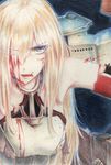  armpits bismarck_(kantai_collection) blonde_hair blood blood_on_face bloody_clothes blue_eyes detached_sleeves fang highres injury kantai_collection long_hair millipen_(medium) one_eye_closed open_mouth scratches serious signature solo tesun_(g_noh) traditional_media upper_body watercolor_pencil_(medium) 