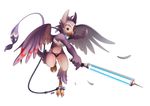  2015 anthro avian b-ern bandage bird bra chain clothing collar energy_sword feathers female melee_weapon panties purple_feathers solo sword underwear weapon white_bakground wings 