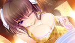  1girl ane_to_osananajimi_wa_naka_ga_ii! blush breasts brown_hair censored cleavage cum dress ejaculation floor game_cg hair_ribbon handjob hetero large_breasts long_hair mosaic_censoring panties pantyjob penis purple_eyes ribbon satou_kanon twintails underwear yoppy 