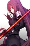  absurdres armor ass bodysuit breasts fate/grand_order fate_(series) from_side glowing glowing_eyes highres large_breasts long_hair looking_at_viewer looking_back machimura_komori polearm purple_hair red_eyes scathach_(fate)_(all) scathach_(fate/grand_order) solo spear very_long_hair weapon 