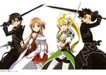  absurdres asuna_(sao) black_eyes black_gloves black_hair blonde_hair breasts brown_eyes brown_hair cleavage dual_wielding fingerless_gloves gloves green_eyes habe_takashi hair_ornament highres holding holding_sword holding_weapon kirito kirito_(sao-alo) large_breasts leafa long_hair looking_at_viewer multiple_girls open_mouth pleated_skirt ponytail red_skirt short_hair simple_background skirt spiked_hair sword sword_art_online thighhighs weapon white_background white_legwear 
