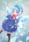  :d adapted_costume ahoge bad_id bad_pixiv_id bangs blue_bow blue_eyes blue_hair blue_legwear boots bow broken buttons cirno coat cross-laced_footwear earmuffs eyebrows eyebrows_visible_through_hair hair_bow ice ice_wings lace-up_boots legs_apart long_sleeves looking_at_viewer messy_hair mitsucho mittens open_mouth outstretched_arms pantyhose pom_pom_(clothes) red_bow short_hair smile snowflakes solo stitches teeth touhou wings winter_clothes 