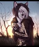  anthro black_hair canine clothed clothing dimikendal101 facial_piercing female fingerless_gloves fur gloves hair half-closed_eyes hi_res inner_ear_fluff looking_at_viewer mammal multicolored_hair nose_piercing outside piercing solo teeth two_tone_hair white_fur 