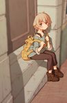  atra_mixta backpack bag blonde_hair dirty dirty_face gundam gundam_tekketsu_no_orphans pants red_eyes short_hair sitting solo tank_top tears tessaku_ro 