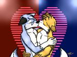  blue_fur canine clothed clothing cute eyes_closed fur half-dressed invalid_tag kissing male male/male mammal strafy topless 