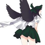  absurdres bad_id bad_pixiv_id bent_over bird_wings black_hair black_wings bow brown_eyes cape hair_bow highres looking_at_viewer looking_back puffy_short_sleeves puffy_sleeves reiuji_utsuho shirt short_sleeves skirt solo touhou wings x&amp;x&amp;x 