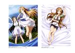  absurdres asuna_(sao) barefoot bed black_eyes black_hair blue_skirt brown_eyes brown_hair dress highres kawakami_tetsuya long_hair long_legs looking_at_viewer lying multiple_girls on_back open_mouth skirt sky smile sword_art_online water white_dress yui_(sao) 