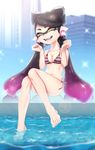  1girl :d absurdres aori_(splatoon) barefoot bikini bow breasts cleavage domino_mask earrings eyebrows fangs hair_bow highres jewelry knees_together_feet_apart long_hair looking_at_viewer mask medium_breasts mole mole_under_eye navel open_mouth pointy_ears puchiman side-tie_bikini sitting smile soaking_feet solo splatoon_(series) splatoon_1 striped striped_bikini swimsuit tentacle_hair twintails water yellow_eyes 