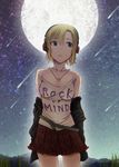  3e blush breasts brown_hair clothes_writing commentary_request full_moon green_eyes headphones idolmaster idolmaster_cinderella_girls jewelry medium_breasts moon necklace off_shoulder open_mouth short_hair skirt solo tada_riina 