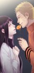  1girl bangs black_hair blonde_hair blunt_bangs carnation closed_mouth couple eye_contact flower from_side gift hal_(sakurajam) hands_on_own_chest hands_together hetero holding holding_flower hyuuga_hinata long_hair long_sleeves looking_at_another naruto naruto_(series) parted_lips purple_eyes purple_hair smile turtleneck uzumaki_naruto whisker_markings zipper 