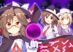  aki_chimaki blonde_hair bow brown_eyes brown_hair cape clothes_writing dress glasses hair_bow hat hat_bow long_sleeves low_twintails maribel_hearn multiple_girls necktie open_mouth orb purple_eyes red-framed_eyewear ribbon school_uniform shirt short_hair skirt smile time_paradox touhou twintails usami_renko usami_sumireko 