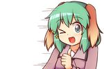  &gt;_o ;d animal_ears blue_eyes blush commentary dog_ears fang green_hair kasodani_kyouko looking_at_viewer motion_lines one_eye_closed open_mouth short_hair smile solo sparkle sparkling_eyes thumbs_up touhou upper_body wool_(miwol) 