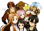  4girls absurdres adachi_shingo agil asuna_(sao) bald bandana black_eyes black_hair blonde_hair brown_eyes brown_hair dark_skin detached_sleeves dragon_on_head green_eyes hair_ornament hand_on_shoulder highres kirito klein leafa lisbeth long_hair looking_at_viewer multiple_girls open_mouth pina_(sao) pink_eyes pink_hair red_eyes short_hair short_twintails silica simple_background smile sword_art_online twintails white_background yui_(sao) 