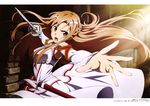  absurdres armpits asuna_(sao) brown_eyes brown_hair detached_sleeves highres holding holding_sword holding_weapon long_hair open_mouth pleated_skirt red_skirt skirt solo sword sword_art_online weapon yonezawa_masaru 