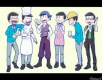  :3 alternate_costume apron bespectacled black_hair boots brothers chef_hat chef_uniform formal glasses hardhat hat heart heart_in_mouth hebii helmet laughing leaning_on_person lineup male_focus matsuno_choromatsu matsuno_ichimatsu matsuno_juushimatsu matsuno_karamatsu matsuno_osomatsu matsuno_todomatsu multiple_boys osomatsu-kun osomatsu-san sextuplets siblings suit 