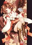  autumn_leaves book boots brown_hair detached_sleeves funnyfunny hat japanese_clothes knee_boots kourindou_tengu_costume looking_at_viewer obi paintbrush pleated_skirt red_eyes sash shameimaru_aya short_hair skirt smile solo tokin_hat touhou traditional_media wide_sleeves wings 
