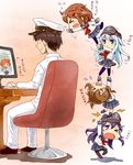  &gt;_&lt; 4girls admiral_(kantai_collection) akatsuki_(kantai_collection) blue_eyes blue_legwear brown_eyes brown_hair chibi closed_eyes commentary fang folded_ponytail hat hibiki_(kantai_collection) human_tower ikazuchi_(kantai_collection) inazuma_(kantai_collection) kantai_collection katanon_(suparutan) long_hair monitor mouse_(computer) multiple_girls neckerchief one_eye_closed open_mouth pantyhose short_hair silver_hair sitting skirt stacking thighhighs translated trembling 
