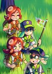  3girls alternate_costume artist_name backpack bag boy_scout closed_eyes commentary domino_mask eyebrows flag girl_scout grass green_eyes green_hair happy hat inkling jenna_brown long_hair mask medal multiple_girls no_mask octarian octoling one_eye_closed ponytail red_hair shoulder_sash smile splatoon_(series) splatoon_1 tentacle_hair thick_eyebrows 