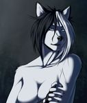  anthro breasts canine crossed_arms dimikendal101 facial_piercing female fox hair half-closed_eyes looking_at_viewer mammal multicolored_hair nose_piercing nude open_mouth piercing simple_background solo teeth tongue two_tone_hair 