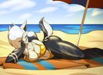  2015 anthro beach bikini breasts canine cleavage clothed clothing female hair looking_at_viewer mammal outside pose sand sea seaside solo swimsuit toughset towel water white_hair wolf yellow_eyes 