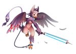 2015 anthro avian b-ern bird breasts chain collar energy_sword feathers female melee_weapon nude purple_feathers pussy solo sword weapon white_bakground wings 