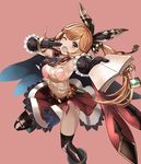  absurdres black_legwear blush book bra brown_hair cape clarisse_(granblue_fantasy) gloves granblue_fantasy green_eyes highres long_hair looking_at_viewer one_eye_closed outstretched_arm panties pink_bra pink_panties ryou_(effort) skirt solo thighhighs torn_clothes underwear very_long_hair 
