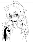  alternate_hair_length alternate_hairstyle animal_ears bare_shoulders blush bridal_gauntlets detached_sleeves greyscale inubashiri_momiji lineart long_hair looking_at_viewer monochrome playing_with_own_hair shirt solo tera_zip touhou wolf_ears 