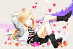  bad_id bad_pixiv_id black_footwear black_shorts blonde_hair boots choker full_body heart jacket long_hair lying on_back one_eye_closed rachel_gardner satsuriku_no_tenshi shirt shorts solo sorurabu striped t-shirt 