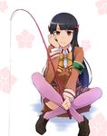  aoki_hagane_no_arpeggio ashigara_(aoki_hagane_no_arpeggio) bad_id bad_pixiv_id black_hair fishing_rod indian_style long_hair red_eyes sanka school_uniform sitting solo thighhighs 