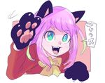  animal_ears bow cat_ears fang gloves green_eyes hashimoto_nyaa nanika_(nnkgh) osomatsu-san paw_gloves paws pink_hair solo square symbol-shaped_pupils 