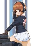  ass bad_id bad_pixiv_id blush boots brown_hair genso girls_und_panzer gloves hatch headphones leg_up looking_back military military_uniform miniskirt nishizumi_miho ooarai_military_uniform open_mouth short_hair skirt smile solo uniform 