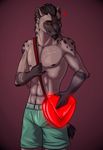  &lt;3 abs anthro black_hair blush clothed clothing dimikendal101 eyes_closed fur grey_fur hair half-dressed handbag hyena male mammal navel nipples notched_ear simple_background smile solo spots topless 