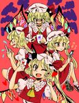  blonde_hair cellphone clone eighth_note flandre_scarlet four_of_a_kind_(touhou) hat heart highres iphone komaku_juushoku multiple_girls multiple_persona musical_note one_eye_closed phone red_eyes short_hair side_ponytail smartphone touhou wings 