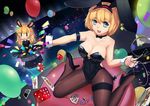  :&gt; :d alice_margatroid animal_ears arm_cuffs balloon bangs bare_legs bare_shoulders black_bow black_footwear black_legwear black_leotard black_neckwear blonde_hair blue_eyes blush bow bowtie breasts bunny_ears bunnysuit cameltoe card chibi cleavage collarbone confetti covered_navel cross-laced_clothes detached_collar dice eyebrows eyebrows_visible_through_hair fake_animal_ears falling_card from_above hairband hat hat_removed headwear_removed high_heels holding holding_hat jewelry joker large_breasts leotard long_hair looking_at_viewer magician minigirl multiple_girls open_mouth pantyhose playing_card poker_chip ring shoes short_hair smile stick striped teeth thigh_strap top_hat touhou tsubasa19900920 wrist_cuffs 