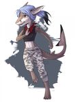 anthro bandanna blue_hair clothed clothing dimikendal101 ear_piercing female fish grey_background hair marine navel piercing shark simple_background smile solo standing teeth white_background 